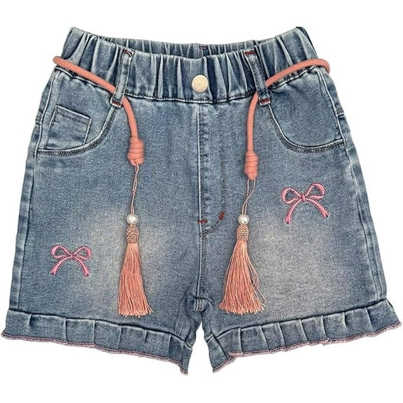 Peacolate 4-10Y Little&Big Girls Denim Summer Shorts Teens Elastic Waistband Heart Jeans,Bowknot,4-5Years
