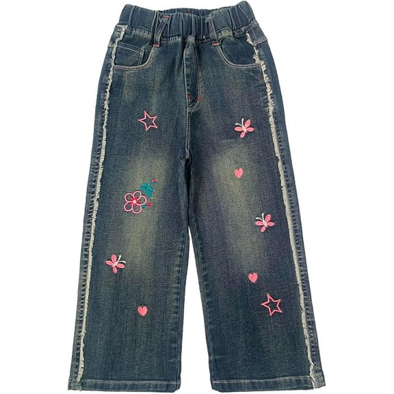 Peacolate 4-10Years Little Girls' Embroidered Star Suede Jeans Trendy Loose Pants for Children Girls,Star,5-6Years