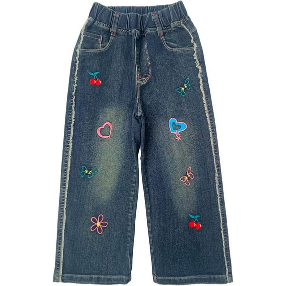 Peacolate 4-10Years Little Girls' Embroidered Suede Jeans Trendy Loose Pants for Children Girls,Green Butterfly,4-5Years