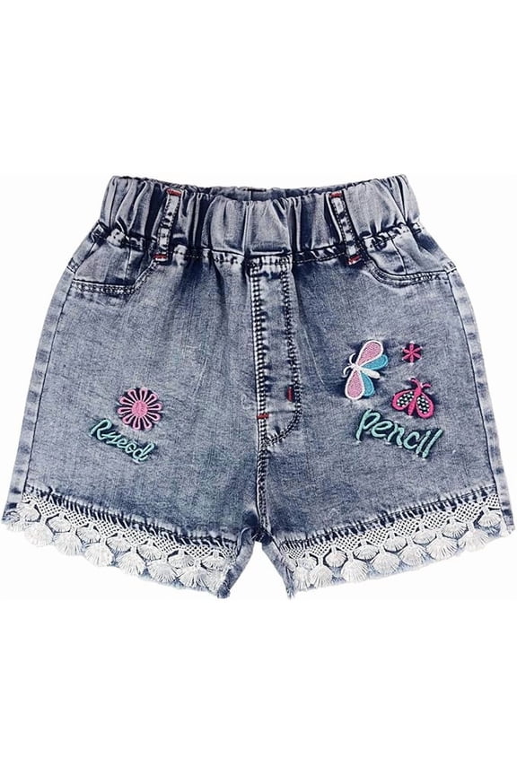 4-11Y Girls Denim Shorts Elastic Waistband Flower Ripped Jeans,Butterfly,5Years
