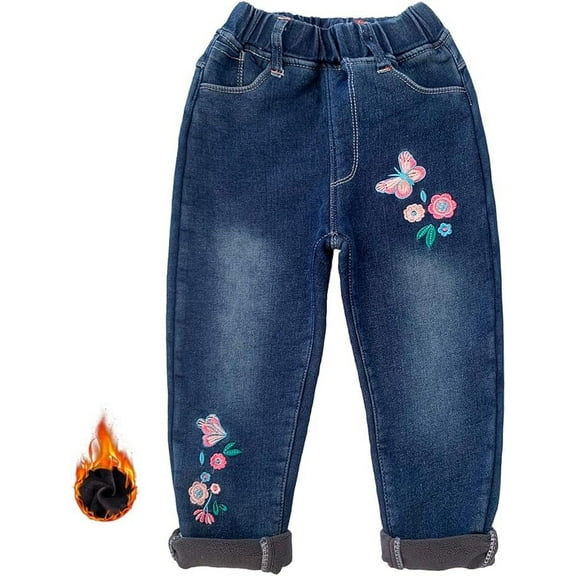 Peacolate 4-9 Years Winter Little Girls Fleece-Lined Thicken Jeans Embroidered Butterfly Floral Denim Trousers,Butterfly,8-9Years