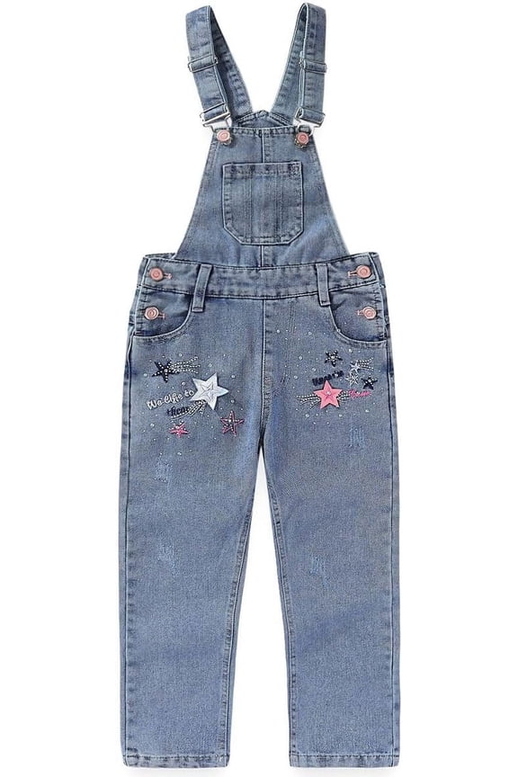 5-10years Little Big Girls Star Embroidery Blue Denim Overalls,Star,6-7Years