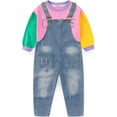 thumbnail image 1 of Peacolate 5-12 Years Girls' Denim Overall Set Long Sleeve T-Shirt & Jean Bib Overalls Stylish 2pcs Outfit for Kids Teens,8-9Years, 1 of 5