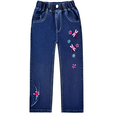 Peacolate 5-12 Years Little Big Girl Dark Blue Trousers Embroidered Dragonfly Straight Jeans,Dragonfly,7-8Years