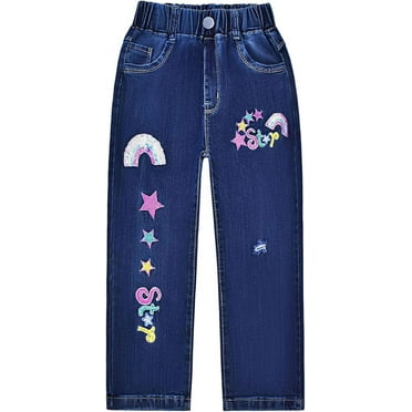 Peacolate 5-12 Years Little Big Girl Embroidered Rainbow Star Straight Jean,Star,8-9Years