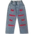 thumbnail image 1 of Peacolate 5-9Years Spring Autumn Summer Little&Big Girls Jeans Embroidered Red Letter Denim Trousers Cowboy Pants,Red,6-7Years, 1 of 2