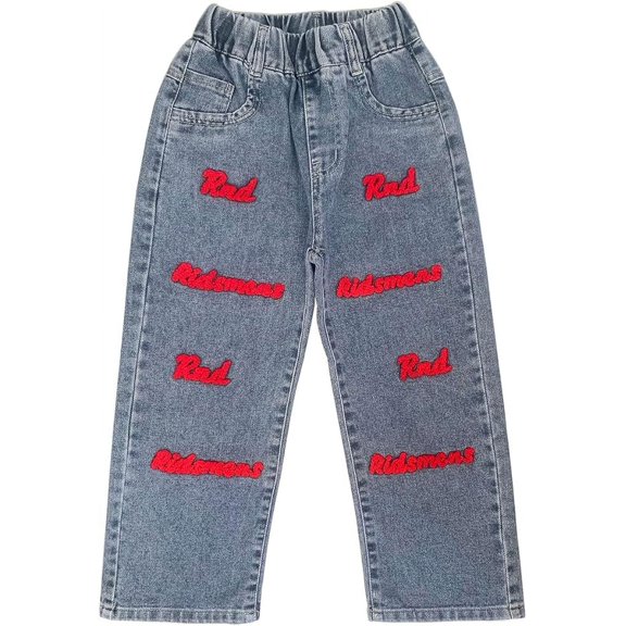 Peacolate 5-9Years Spring Autumn Summer Little&Big Girls Jeans Embroidered Red Letter Denim Trousers Cowboy Pants,Red,7Years