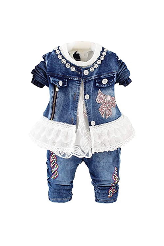 6-4Years Spring Autumn Little Girls Clothing Set 3 pcs Sets T Shirt Sequins Jacket and Jeans,White,3-4Years