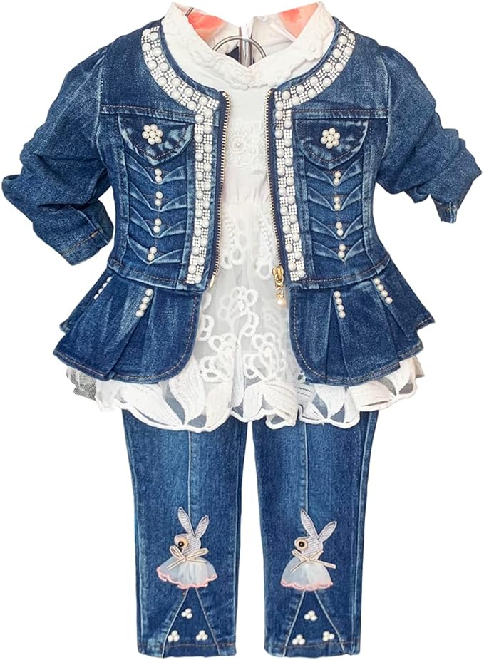 Peacolate 6M-3Years Spring Autumn Little Baby Girls Clothing Set 3pcs Long Sleeve Dress Bunny Denim Jacket and Jeans,White,1-2Years