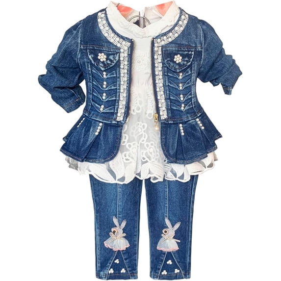 Peacolate 6M-3Years Spring Autumn Little Baby Girls Clothing Set 3pcs Long Sleeve Dress Bunny Denim Jacket and Jeans,White,2-3Years