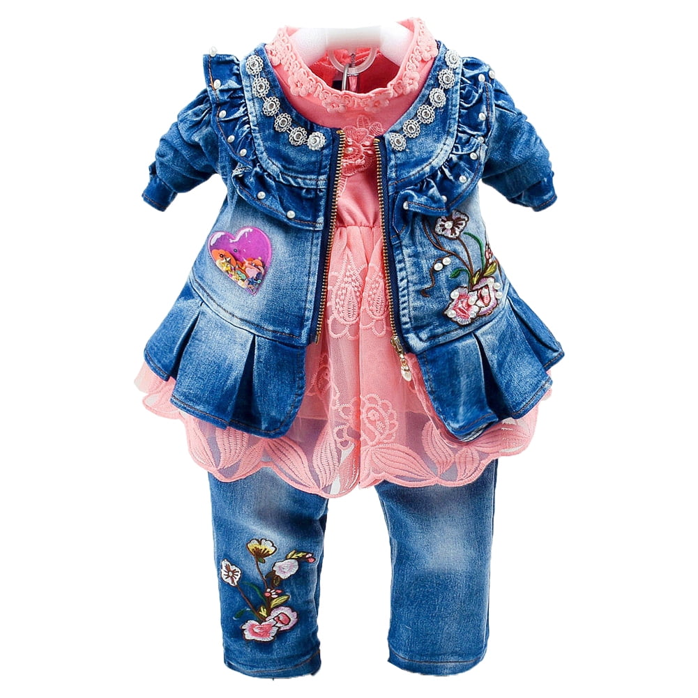 Peacolate 6M-4Years Spring Autumn Baby Girls Sets Denim 3 Pcs Clothes Long Sleeve T-Shirt Denim Jacket and Jeans,Orange,2-3Years
