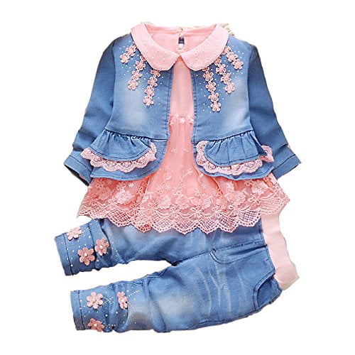 Peacolate 6M-4Years Spring Autumn Baby Girls Sets Denim 3 Pcs Clothes Long Sleeve T-Shirt Denim Jacket and Jeans,Orange Lace,2-3Years