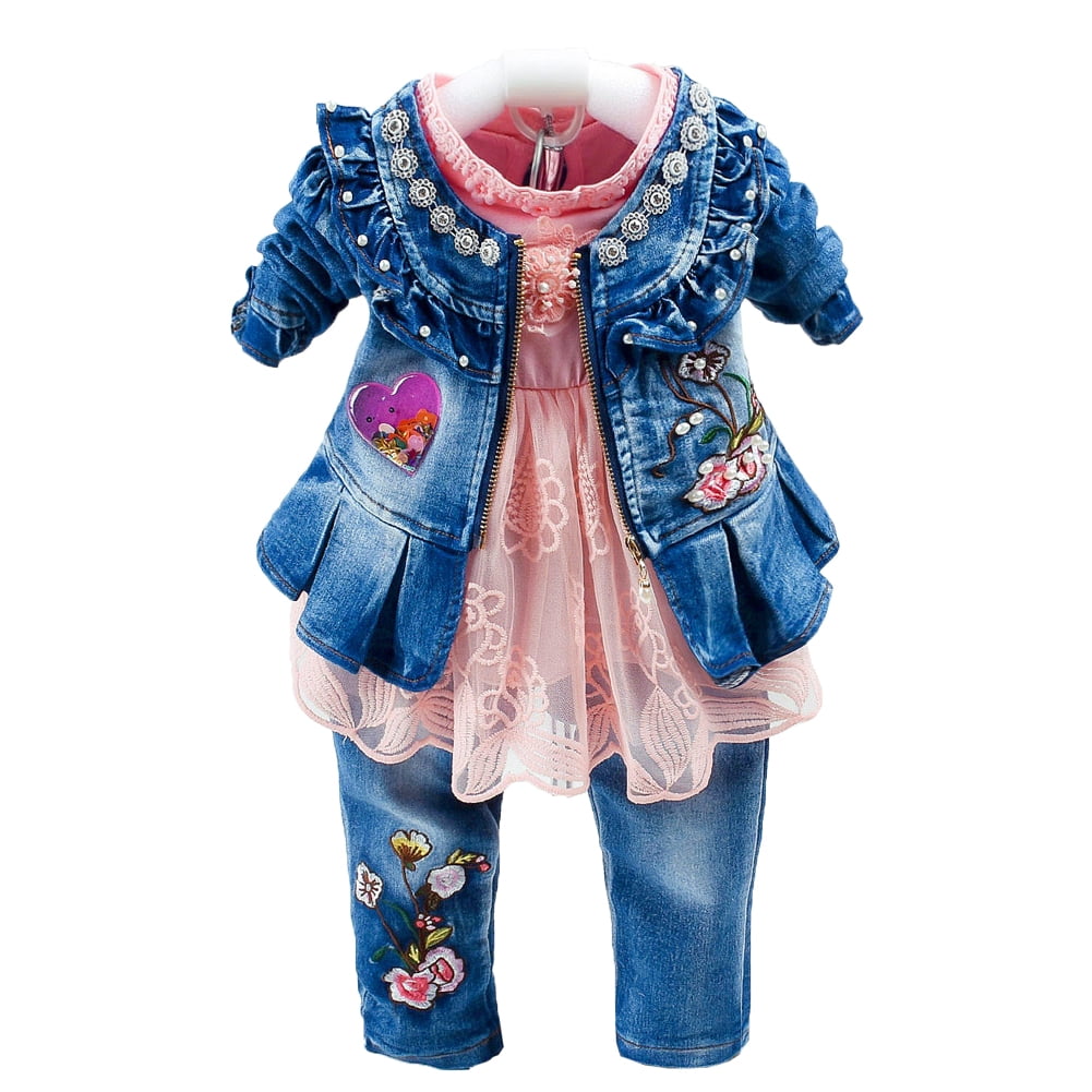 Peacolate 6M-4Years Spring Autumn Baby Girls Sets Denim 3 Pcs Clothes Long Sleeve T-Shirt Denim Jacket and Jeans,Pink,3-4years
