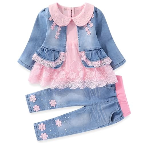 Peacolate 6M-4Years Spring Autumn Baby Girls Sets Denim 3 Pcs Clothes Long Sleeve T-Shirt Denim Jacket and Jeans,Pink Lace,3-4years