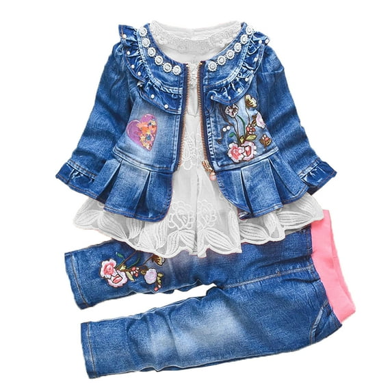 Peacolate 6M-4Years Spring Autumn Baby Girls Sets Denim 3 Pcs Clothes Long Sleeve T-Shirt Denim Jacket and Jeans,White,1-2Years