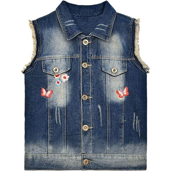 Peacolate Little Big Girls Denim Vest Distressed Sleeveless Jacket,Butterfly,5-6Years