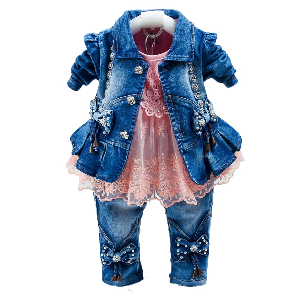 Peacolate Spring Autumn Infant Baby Girl Denim Clothing Sets 3 pcs Long Sleeve T-Shirt Denim Jacket and Jeans Trousers Pants,Pink,6-12Months