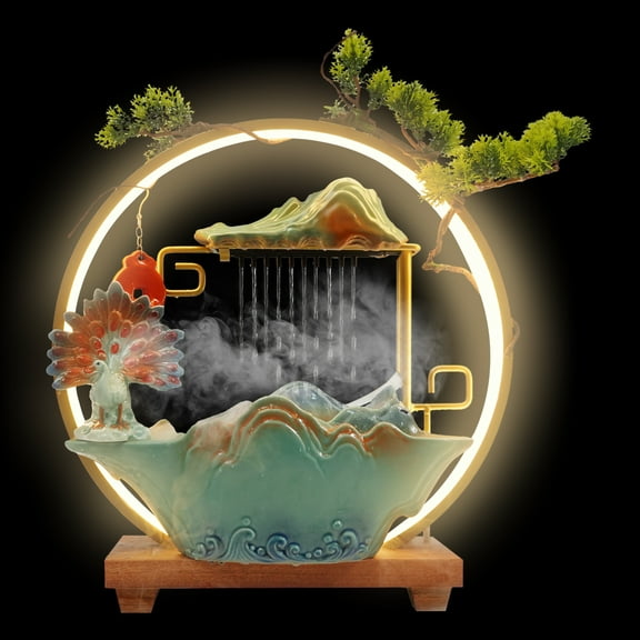 Peafowl Tabletop Water Fountain, Indoor Water Fountain with LED Light, Rockery Waterfall with Atomizer