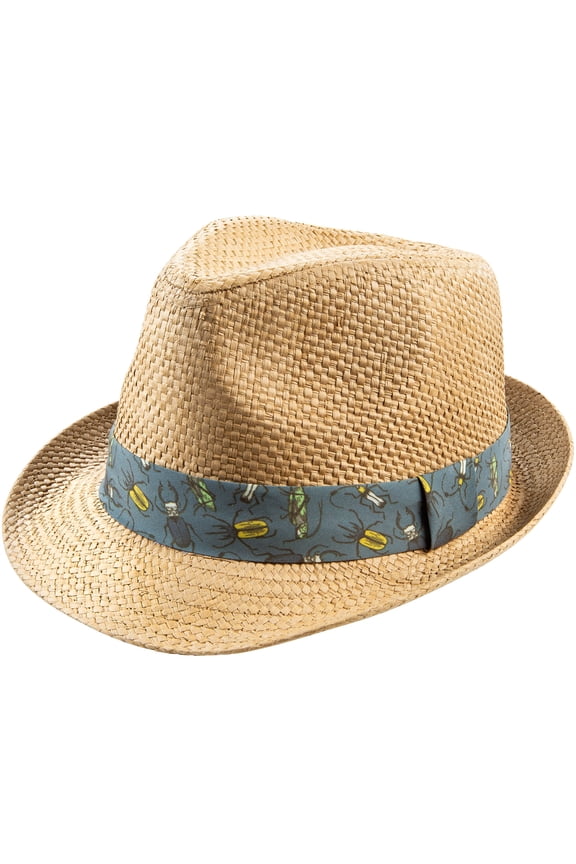 Boys and Girls Straw Fedora - UPF50+ Sun Protection Hat With Printed Band - Size 7-14 Years