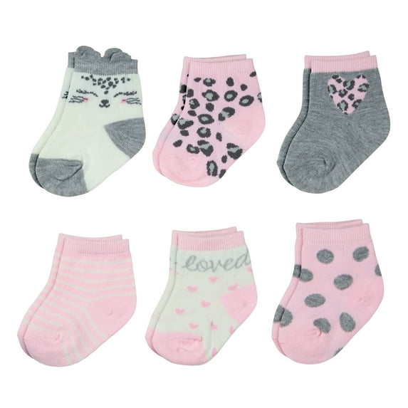 Peak 2 Peak Unisex Infant, Baby and Toddler 6-Pack "Kitty" Ankle Socks - 12-14 Months