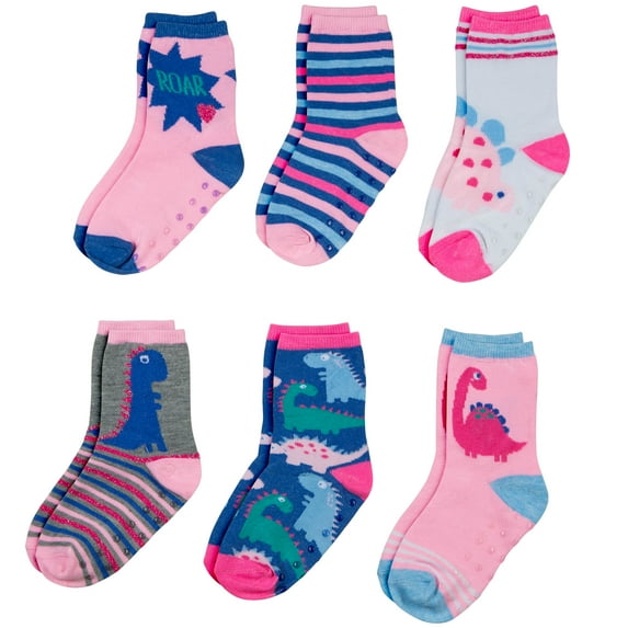 Peak 2 Peak Unisex Infant, Baby and Toddler 6-Pack assorted Ankle Socks - Designs and Colors(Dinosaurs 4-6 T)