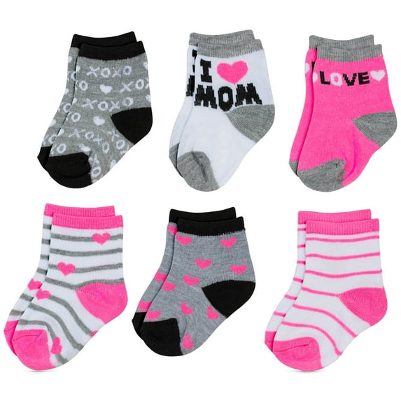 Peak 2 Peak Unisex Infant, Baby and Toddler 6-Pack assorted Ankle Socks - Designs and Colors(I Love Mom, 6-12 Months)