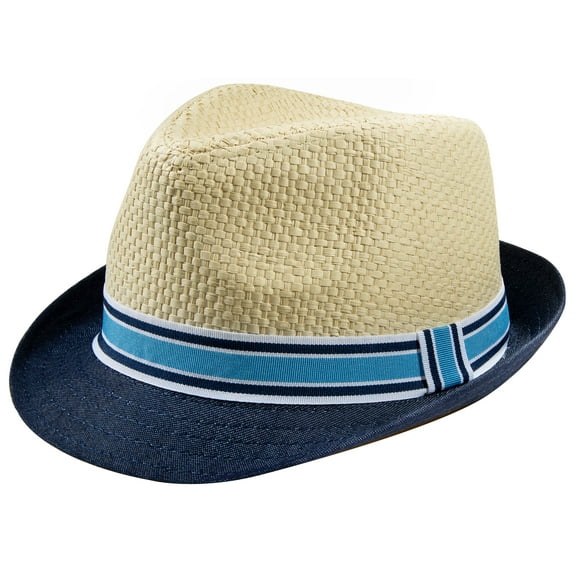 Peak 2 Peak Unisex Kids Straw Trilby Fedora Cap Felt Fedora Hat Short Brim Sunhat Size4-7 Years Navy Brim