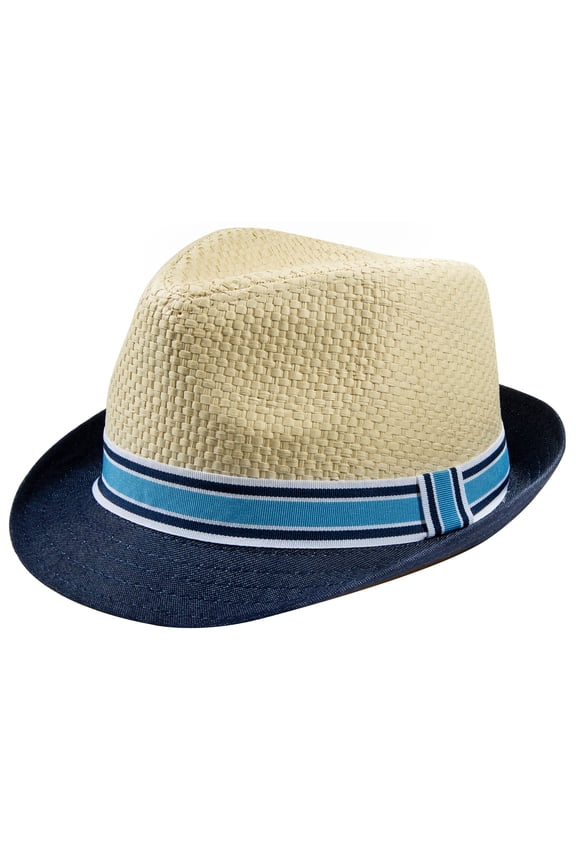 Unisex Kids Straw Trilby Fedora Cap Felt Fedora Hat Short Brim Sunhat Size4-7 Years Navy Brim