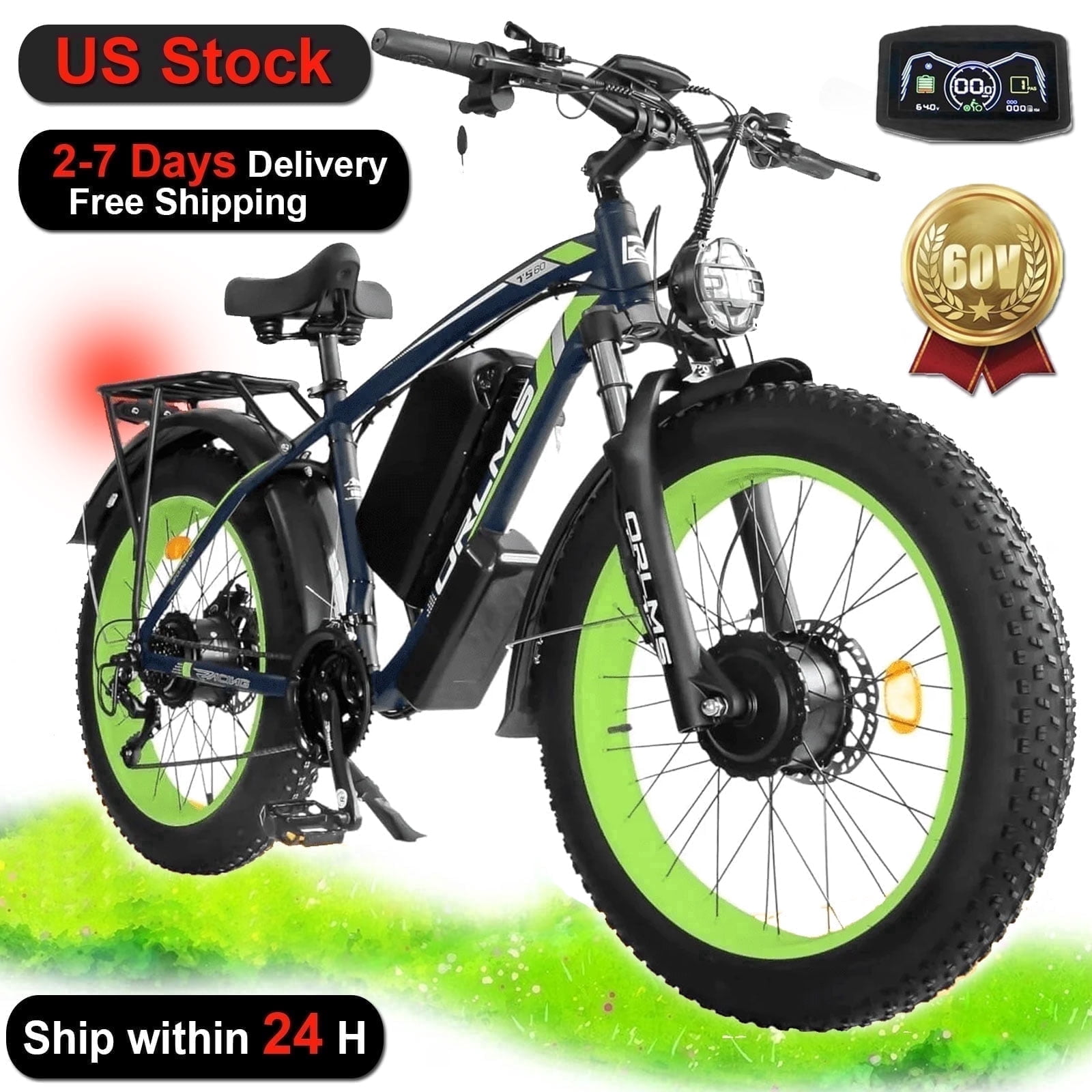 6000W Peak Dual Motor Ebike, 60V 25AH Battery Electric Bike for Adults,AWD 21-Speed 50MPH Mountain Snow E-Bike with 26" x 4.0 Fat Tire, Long Range Mountain Dirt Bike for Off-Road Snow Sand