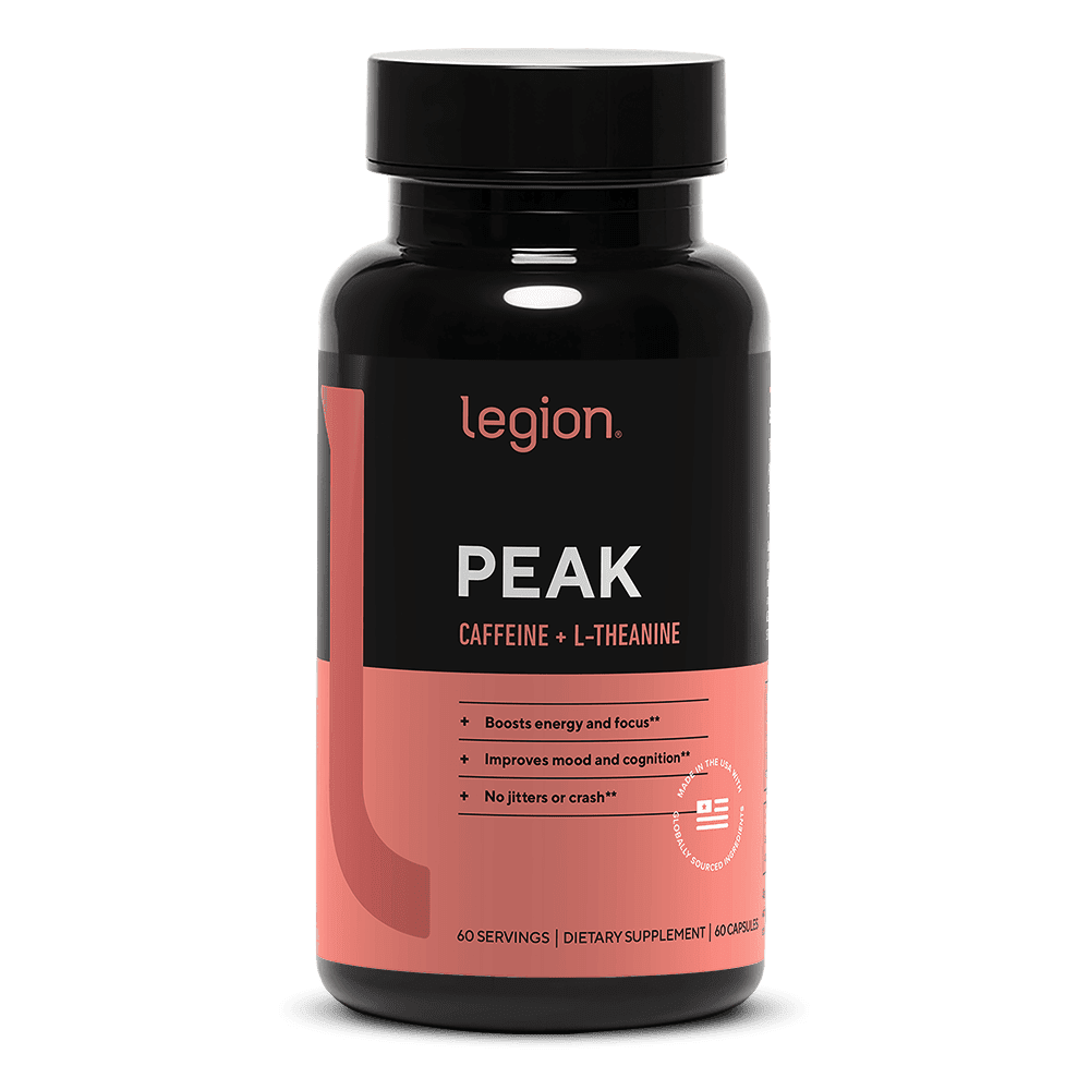 Peak CaffeLegion Athletics Peak Caffeine + L-Theanine Supplement, PurCaf Organic Caffeine & Suntheanine, Energy & Focus Support, 60 Veggie Capsulesine + L-Theanine