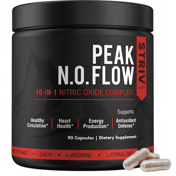 Peak Flow 10-in-1 Nitric Oxide Supplement for Men & Women - L Citrulline, L-Arginine & CoQ10 - Healthy Circulation, Heart Health & Stimulant-Free Energy - 90 Capsules