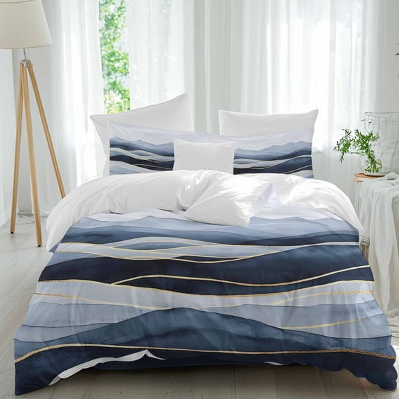 Peak Golden Texture Queen Duvet Cover Set, Blue Watercolor Cloud Diffuse Effect 4 Piece Microfiber Bedding Set with Zipper Closure, Bed Sheet and 2 Pillow Shams, Soft Bedding Cover