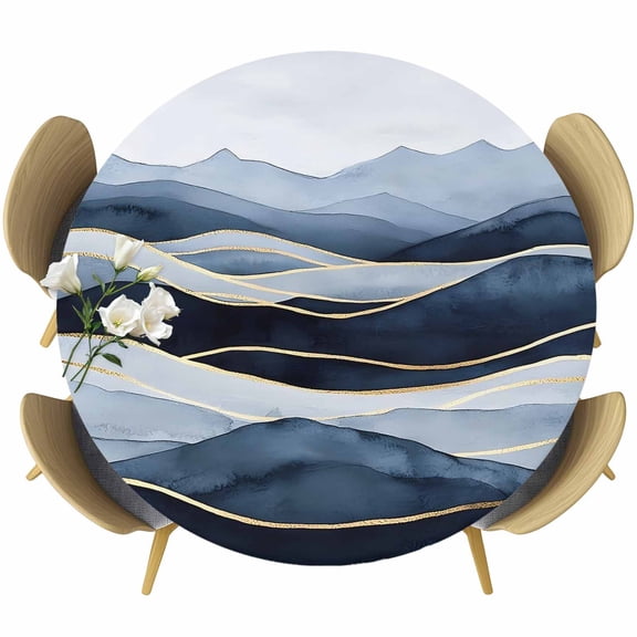 Peak Golden Texture Round Fitted Table Cover Blue Watercolor Cloud Diffuse Effect Waterproof Table Cloth with Elastic Edge Wipeable Tablecloth for Picnic Camping Party Fits 36"-44" Diameter