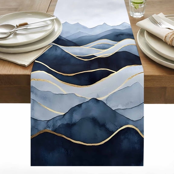 Peak Golden Texture Table Runner 13x36 inch Blue Watercolor Cloud Diffuse Effect Cotton Linen Dining Table Runner Ideal for Dresser Kitchen Coffee Tables - Machine Washable