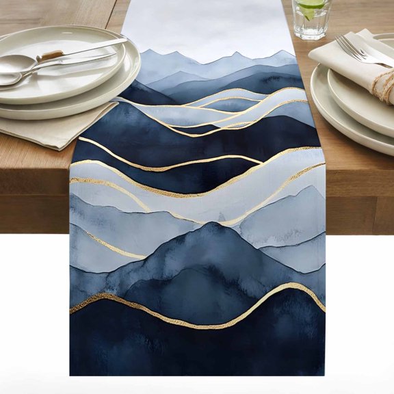 Peak Golden Texture Table Runner 13x90 inch Blue Watercolor Cloud Diffuse Effect Cotton Linen Dining Table Runner Ideal for Dresser Kitchen Coffee Tables - Machine Washable
