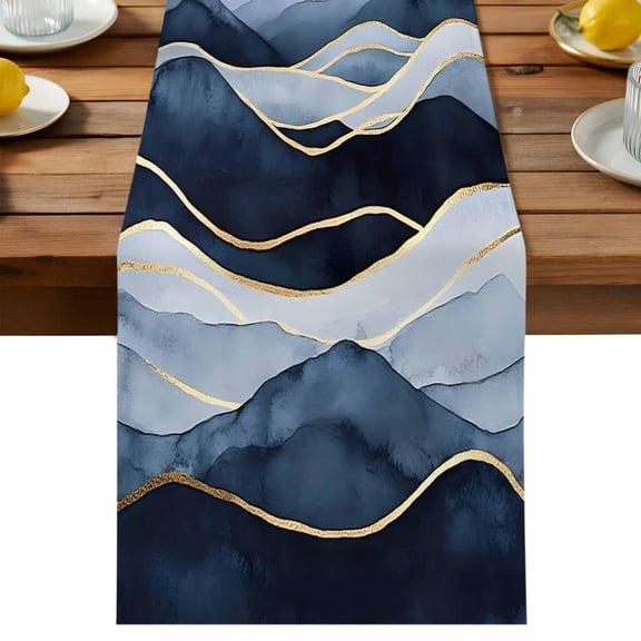 Peak Golden Texture Table Runner, Blue Watercolor Cloud Diffuse Effect Cotton Linen Table Cloth, Tablerunner for Kitchen Dining Party Wedding Home Decor 13x36 Inch