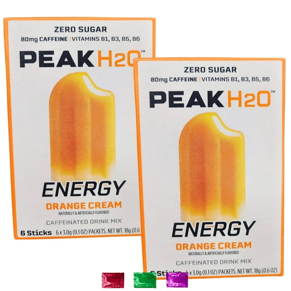 Peak H20 Orange Cream Energy Drink Mix 2 Boxes 12 Total Servings, Zero Sugar Low Calorie Caffeinated Beverage Packets for Sports Gym Workout with Snoep in Beperkte Oplage