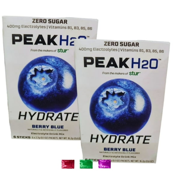 Peak H2O Berry Blue Electrolyte Drink Mix Packets (12 Total Servings, 2 Boxes) Zero Sugar Low Calorie Hydration Beverage Sports Summer Drinks