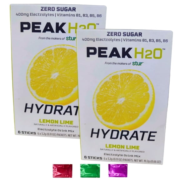 Peak H2O Hydrate Lemon Lime Electrolyte Drink Mix, Zero Sugar Low Calories Fruity Flavored Beverage Powder Juice Summer Picnic 6ct- 2 Boxes (12 Total Serving)