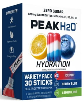 Peak H2O Hydration Electrolyte Drink Mix Variety Pack, Sugar-Free, 30 Count