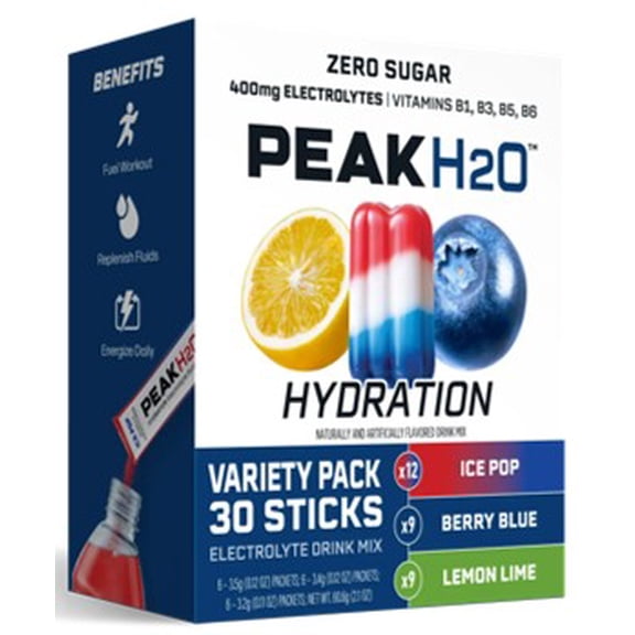 Peak H2O Hydration Electrolyte Drink Mix Variety Pack, Sugar-Free, 30 Count
