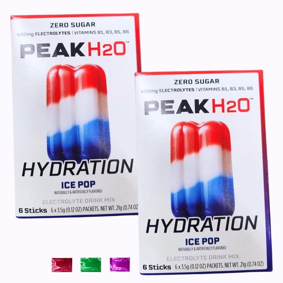 Peak H2O Hydration Ice Pop Electrolyte Drink Mix, Sugar-Free Powder Sticks with Electrolytes & B Vitamins for Workouts Gym Exercise Travel Outdoor & Summer Refreshment (2 Packs, 12 Servings Total)