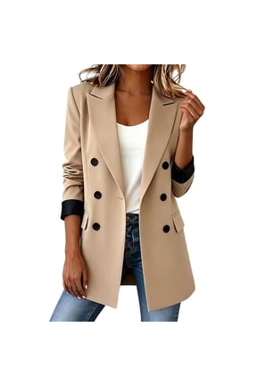 Peak Lapel Double Breasted Black Contrast Cuff Patch Pockets Mid Length Stretch Jacket for Women Spring Fall Business Work Casual Outerwear