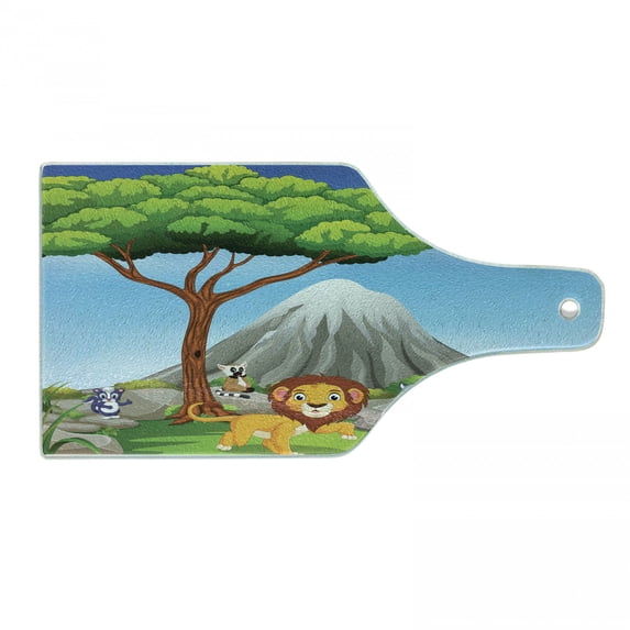 Peak Lion Cutting Board, Animals in Jungle Fauna Tree and Volcano Cartoon, Decorative Tempered Glass Cutting and Serving Board, in 3 Sizes, by Ambesonne