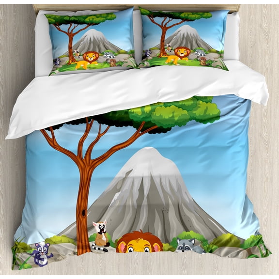 Peak Lion Duvet Cover Set, Animals in Jungle Fauna Tree and Volcano Cartoon, Decorative 3 Piece Bedding Set with 2 Pillow Shams, Calking Size, Deep Sky Blue Multicolor, by Ambesonne