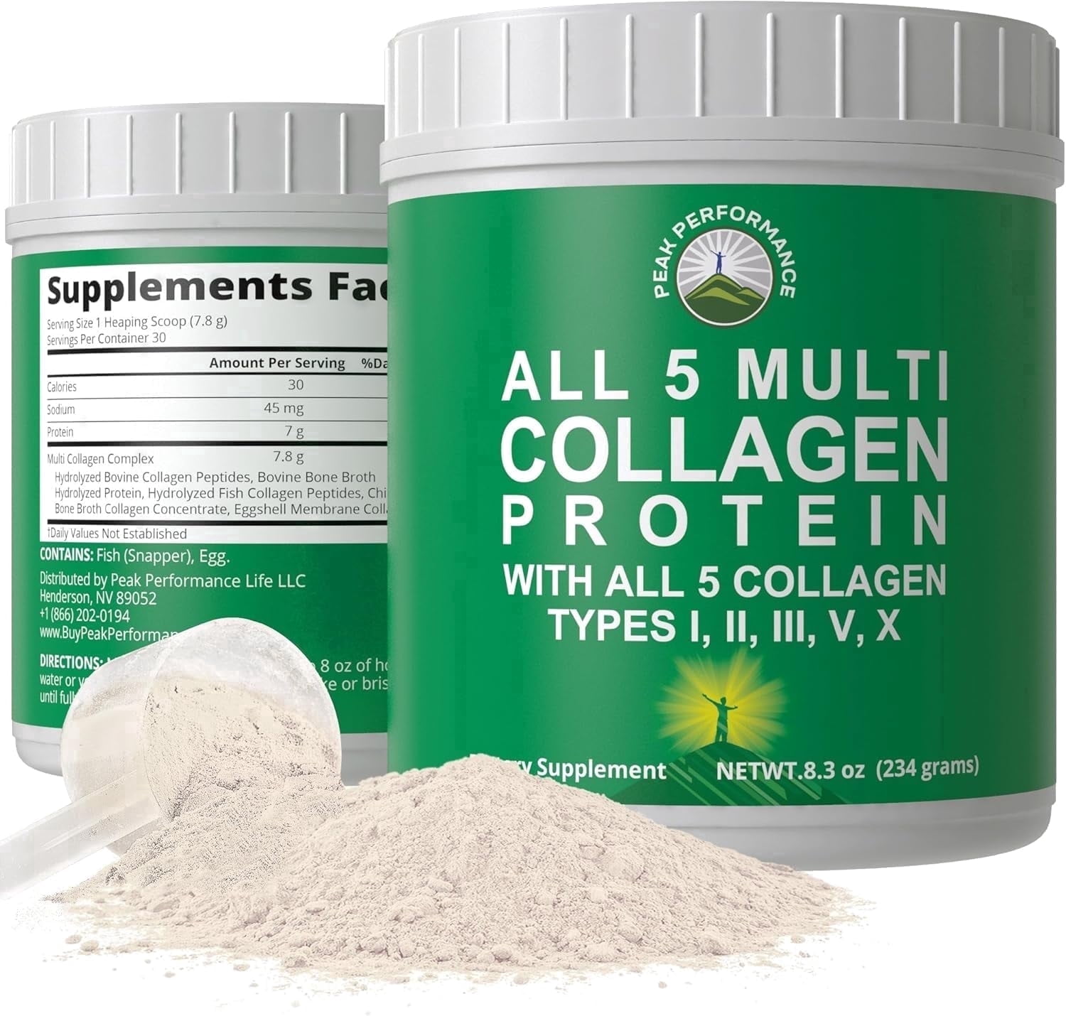 Peak Performance Multi-Collagen Protein Powder All 5 Types I, II, III, V, X, Keto, Paleo Friendly, Gluten-Free, 1 Count, 8.3 oz