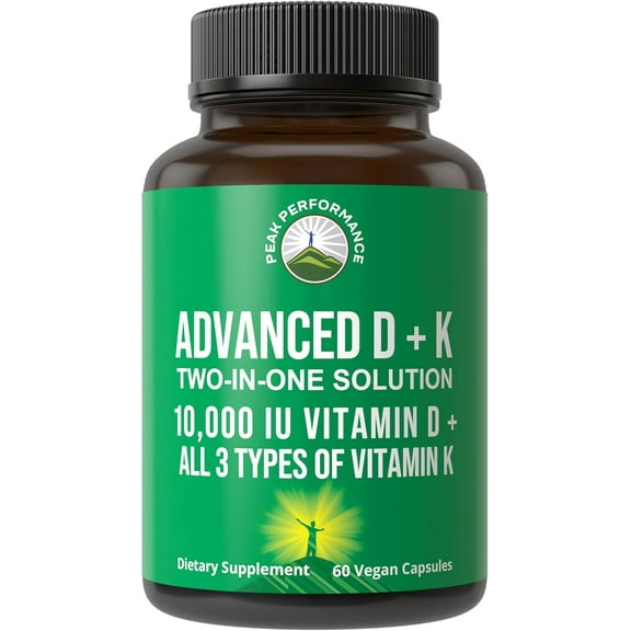 Peak Performance Advanced Vitamin D 10000 IU with All 3 Types of Vitamin K Capsules 10,000 IU Vitamin D3 and Vitamin K2, K1, MK-7 (MK7), MK4 Supplement. 60 Small and Easy to Swallow Pills