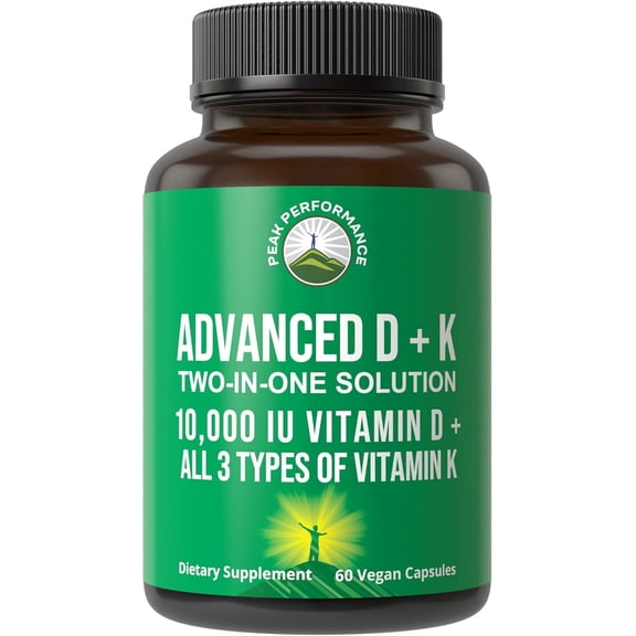 Peak Performance Advanced Vitamin D 10000 IU with All 3 Types of Vitamin K Capsules 10,000 IU Vitamin D3 and Vitamin K2, K1, MK-7 (MK7), MK4 Supplement. 60 Small and Easy to Swallow Pills