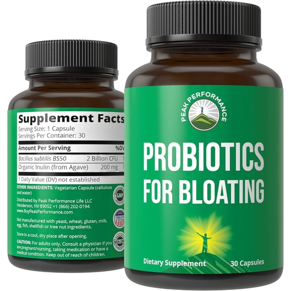 Peak Performance Bloat and Gas Probiotic - Clinically Studied BS50 for Fast Bloating Relief, 30 Count