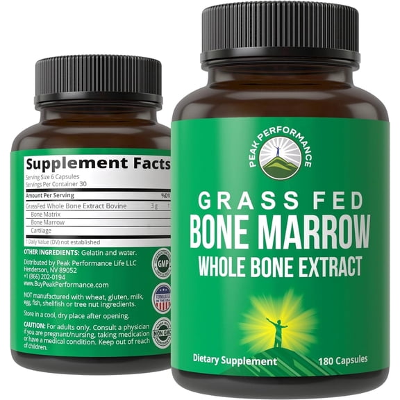 Peak Performance Grass Fed Bone Marrow - Whole Bone Extract Supplement 180 Capsules Superfood Pills Rich in Collagen, Vitamins, and Amino Acids. from Bone Matrix, Marrow, Cartilage. Ancestral Tablets